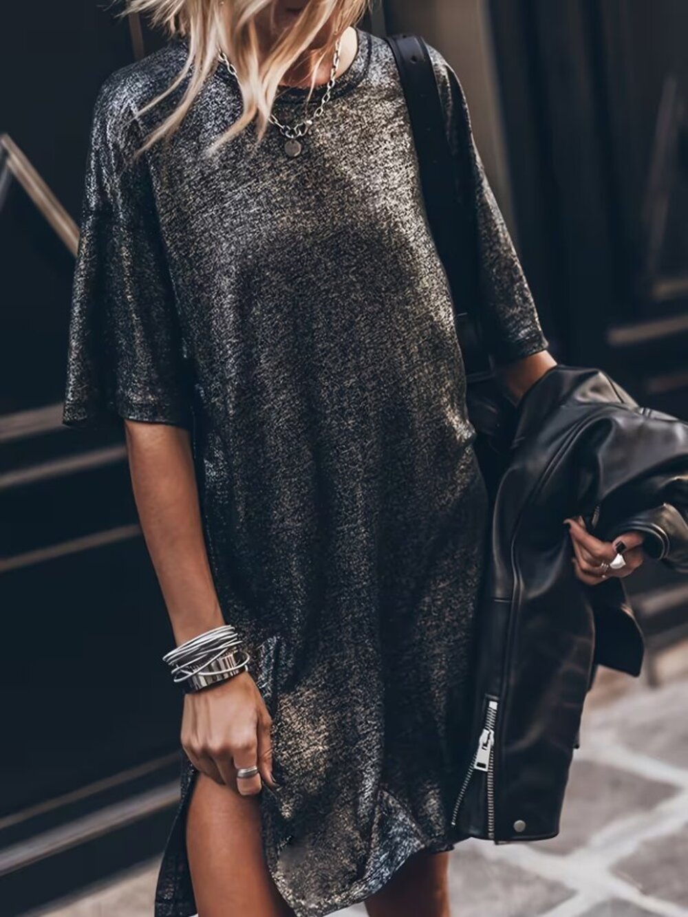 Deep Grey Grunge Streetwear Nian Short Sleeve Mini Dress